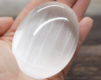 natural Moroccan SELENITE (aka Gypsum) 2.75" OVAL gemstone crystal Palm STONE (cleansing, healing & clarity)