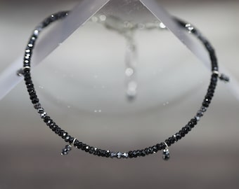 HEMATITE & Black SPINEL 7”(17.78cm) gemstone crystal 2mm rondelle Bead Sterling Silver BRACELET (grounding, abandonment, depression)