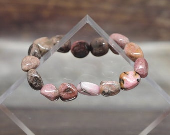 RHODONITE 7" gemstone crystal 10-15mm NUGGET Bead stretch BRACELET (trauma, fear, acceptance)