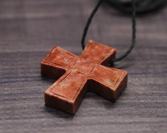 natural Peruvian SOAPSTONE 1.75" gemstone crystal hand-carved CROSS PENDANT with hemp cord necklace