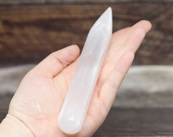 SELENITE (aka Gypsum) 6" gemstone crystal hand carved massage Pointed  WAND stick (cleansing, move forward, clarity)