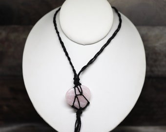 ROSE QUARTZ 1.5” (3.81cm) gemstone crystal Heart handmade 30" (76.2cm) Hemp cord macramé NECKLACE (creativity, forgiveness, love)