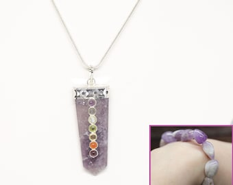 LEPIDOLITE 2” gemstone crystal 7 chakra pendant & AMETHYST 7.5" nugget bead bracelet jewelry set (for inherited alcohol addiction)