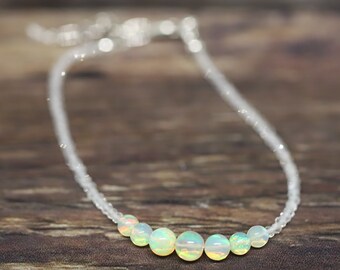 natural ETHIOPIAN OPAL with White Topaz 6.5-7” gemstone crystal 2-5mm rondelle Bead Sterling Silver Bracelet (strengthen, truth, & calming)