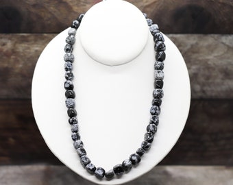 SNOWFLAKE OBSIDIAN 20" (50.8cm) gemstone crystal 8-10mm round Bead NECKLACE (hope, stamina, enthusiasm)