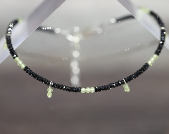 Peridot & Black SPINEL 7”(17.78cm) gemstone crystal 2mm rondelle Bead Sterling Silver BRACELET (soothing, forgiveness, protection)