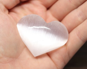 SELENITE (aka Gypsum) 2" gemstone crystal hand carved Heart pocket Palm Stone (cleansing, move forward, clarity)