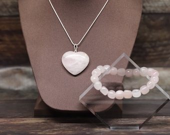 natural ROSE QUARTZ 7" nugget BRACELET and 1.5" Heart gemstone crystal Pendant  (healing, de-stress and love Set)