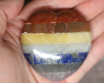 natural Rainbow 2" gemstone crystal 7 CHAKRA HEART pocket PALM stone (Chakra balancing)