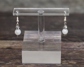 MOONSTONE 1.5" (3.81cm) polished  8mm round bead gemstone crystal drop dangle silver EARRINGS (anxiety, mediation, creativity)