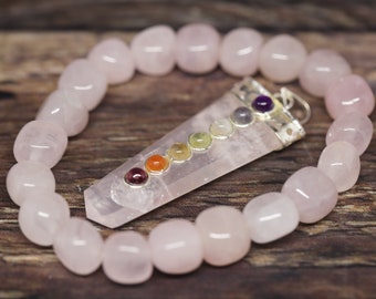 natural ROSE QUARTZ 7" nugget BRACELET and gemstone crystal 7 Chakra Pendant  (healing, de-stress and love Set)