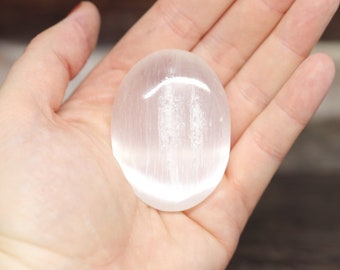 SELENITE (aka Gypsum) 2" gemstone crystal hand carved OVAL pocket Palm STONE (cleansing, moving forward, clarity)