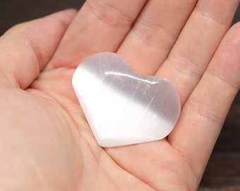 SELENITE (aka Gypsum) 1.75" gemstone crystal hand carved HEART pocket Palm STONE  (cleansing, move forward, clarity)