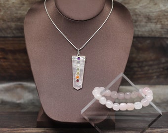 natural ROSE QUARTZ 7" nugget BRACELET and gemstone crystal 7 Chakra Pendant  (healing, de-stress and love Set)