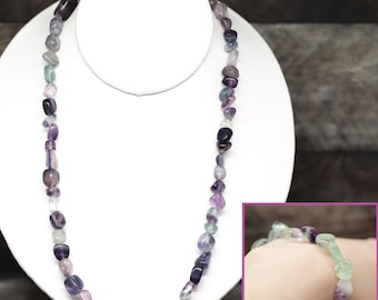 RAINBOW FLUORITE gemstone crystal Nugget Bead Necklace & Bracelet JELWERY Set (easing grief, clearing, stabilizing)