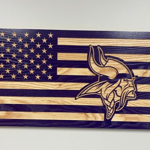 Minnesota Vikings Rustic American Flag, Wooden American Flag, Carved American Flag, SKOL, Hardwood