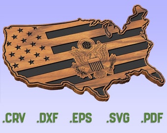 May include: A wooden cutout of the United States of America with a black and white American flag design. The design includes the Great Seal of the United States in the center.
