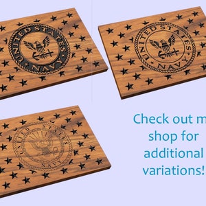 May include: Three wooden plaques with a black engraved United States Navy seal on a field of stars. The seal features an eagle with a rope border and the words "United States Navy".