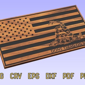 May include: A wooden sign featuring a black and brown American flag design. The flag depicts a rattlesnake with the words "Don't Tread On Me" underneath.