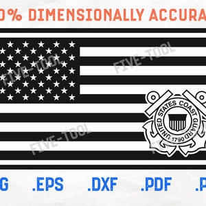 May include: Black and white vector graphic of the United States Coast Guard emblem with the words "United States Coast Guard" and "1790" inside the emblem. The emblem is superimposed on a black and white American flag.
