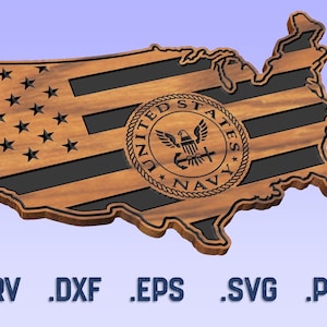 May include: A wooden cutout of the United States of America with a black and white American flag design. The center of the cutout features a circular seal with the words "United States Navy" and an eagle with an anchor and cross.