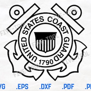 May include: Black and white graphic design of the United States Coast Guard emblem. The emblem features an anchor, a shield with vertical stripes, and the text "United States Coast Guard 1790".