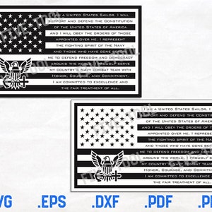 Könnte beinhalten: Zwei schwarz-weiße rechteckige Designs mit der amerikanischen Flagge und dem Text "I AM A UNITED STATES SAILOR." Die Designs enthalten ein Adleremblem und sind in den Formaten SVG, EPS, DXF, PDF und PNG verfügbar.