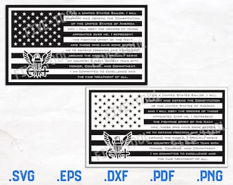 Puede incluir: Dos diseños rectangulares en blanco y negro con la bandera estadounidense y el texto "I AM A UNITED STATES SAILOR." Los diseños incluyen un emblema de águila y están disponibles en formatos SVG, EPS, DXF, PDF y PNG.