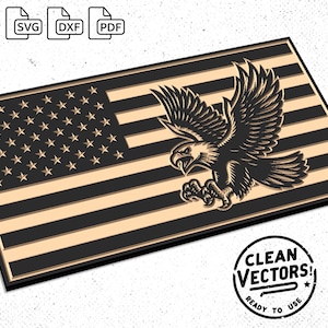 Peut inclure: Une illustration en noir et blanc d'un aigle avec ses ailes déployées, superposée à un drapeau américain avec des rayures rouges et blanches et un champ d'étoiles bleues. L'image est intitulée "Clean Vectors ! Prêt à l'emploi".