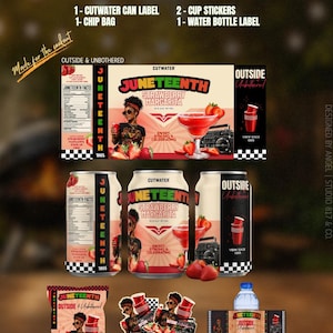 May include: A Juneteenth party collection featuring a Cutwater can label, chip bag, cup stickers, and water bottle label. The designs include a person with sunglasses, a strawberry margarita, a boombox, and red cups with the text Juneteenth.