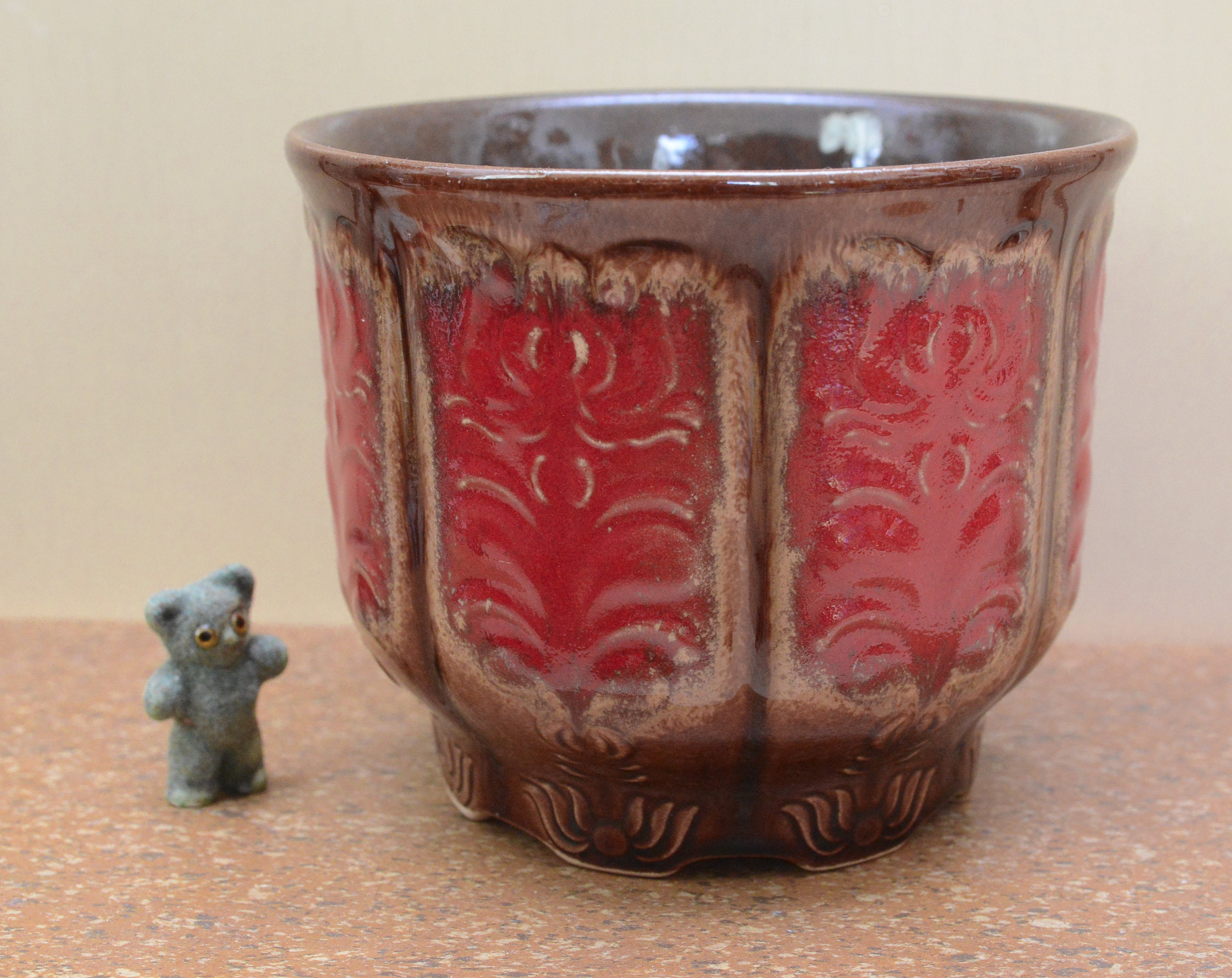 Vintage West Germany Pottery Burgundy Red Plant Pot Shaped like a
