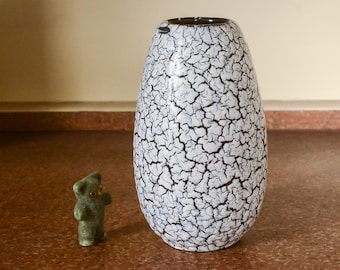 Mid-Century Vase Jasba 101/14, Decor Cortina, West German Pottery, White Curdled Glaze on Black Base