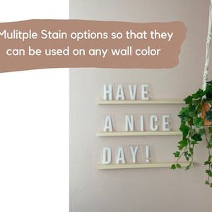 May include: Three wooden shelves with the words "HAVE A NICE DAY!" displayed on them. The shelves are mounted on a light pink wall. A hanging plant with green leaves is in the corner of the image.