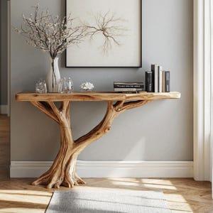 Consola de borde vivo hecha a mano, mesa de entrada artesanal, mesa auxiliar refinada, mesa de pared rústica para pasillos y salas de estar