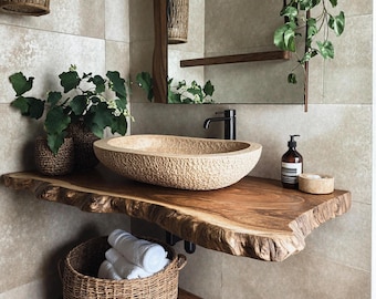 Reclaimed wall mounted vanity rustic floating vanity shelf handmade live edge bathroom vanity shelf natural powder room sink bathroom decor