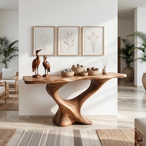 May include: A console table with a smooth, organic, light brown wood grain surface and a sculptural, flowing base. On top are two carved wooden bird figurines, four woven baskets filled with smooth stones, and a small white reed diffuser.