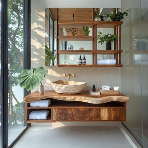 Badrumsskåp i naturträ med livkant, lantlig design, handgjord badrumsförvaring, modern badrumsinredning