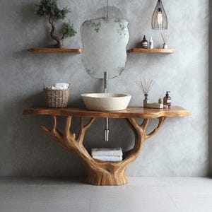 May include: A unique bathroom vanity with a tree trunk base and a natural wood countertop. The vanity supports a stone vessel sink and a large, irregularly shaped mirror. Decorative items include a small bonsai tree and a woven basket.