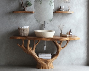 Live edge vanity vessel sink rustic floating vanity bathroom sink walnut vanity farmhouse mirror console table decor housewarming gift