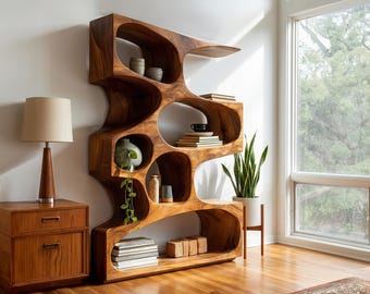 Modern Display Shelf Handmade Bookshelf Natural Wood Room Divider Live Edge Bookcase Rustic Display Cabinet