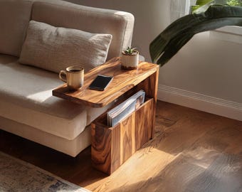 Rustikaler Holz Couchtisch Handgemachter Sofa Beistelltisch Natürliche Hölzerne C-Form Beistelltisch Bauernhaus Sofa Armlehnen Tisch Wrap Für Wohnzimmer