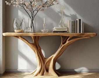 May include: A natural wood console table with a unique tree-trunk base. The table is topped with decorative items, including a vase with branches, books, and a candle holder. The table's design adds a touch of nature to any living space.