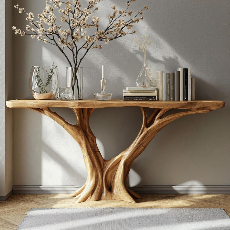 May include: A natural wood console table with a unique tree-trunk base. The table is topped with decorative items, including a vase with branches, books, and a candle holder. The table's design adds a touch of nature to any living space.