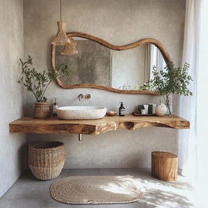 Estante flotante rústico para tocador, hecho a mano con borde natural, para baño. Estante para tocador de baño con lavabo de tocador de pared, decoración única para el baño.