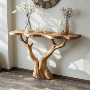 Consola de madera natural rústica hecha a mano, consola de granja, mesa de entrada, mueble de consola, mesa de entrada estrecha, mesa de borde vivo
