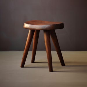 Puede incluir: Taburete de madera artesanal con asiento curvo y tres patas robustas. El taburete es de madera marrón oscuro con acabado natural. Las patas están anguladas para mayor estabilidad. Este pequeño taburete es ideal para una sala de estar o dormitorio. Altura: aprox. 30 cm.