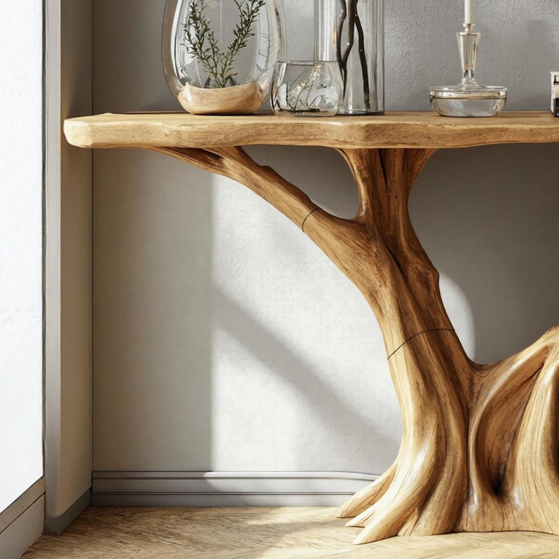 May include: A handcrafted wooden console table with a unique tree trunk base. The table features a natural wood finish and a live edge top. Decorative glass vases and a candle holder sit on the table's surface, adding to its aesthetic appeal.