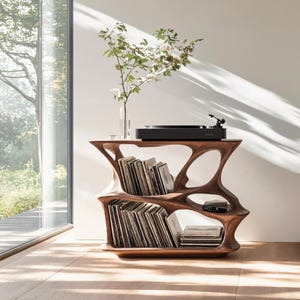 Może przedstawiać: Drewniany stojak na gramofon o organicznym, otwartym designie. Stojak mieści płyty winylowe i czarny gramofon. Na górze stoi wazon z zielenią. Stojak wykonany jest z drewna o ciepłym odcieniu.