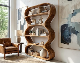Live Edge Bookcase Solid Wood Bookshelf Handcrafted Display Shelf, Modern Room Divider Farmhouse Cabinet