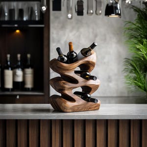 Reclaimed wine bottle holder mid century wine rack countertop farmhouse wine stand for modern kitchen or home bar decor